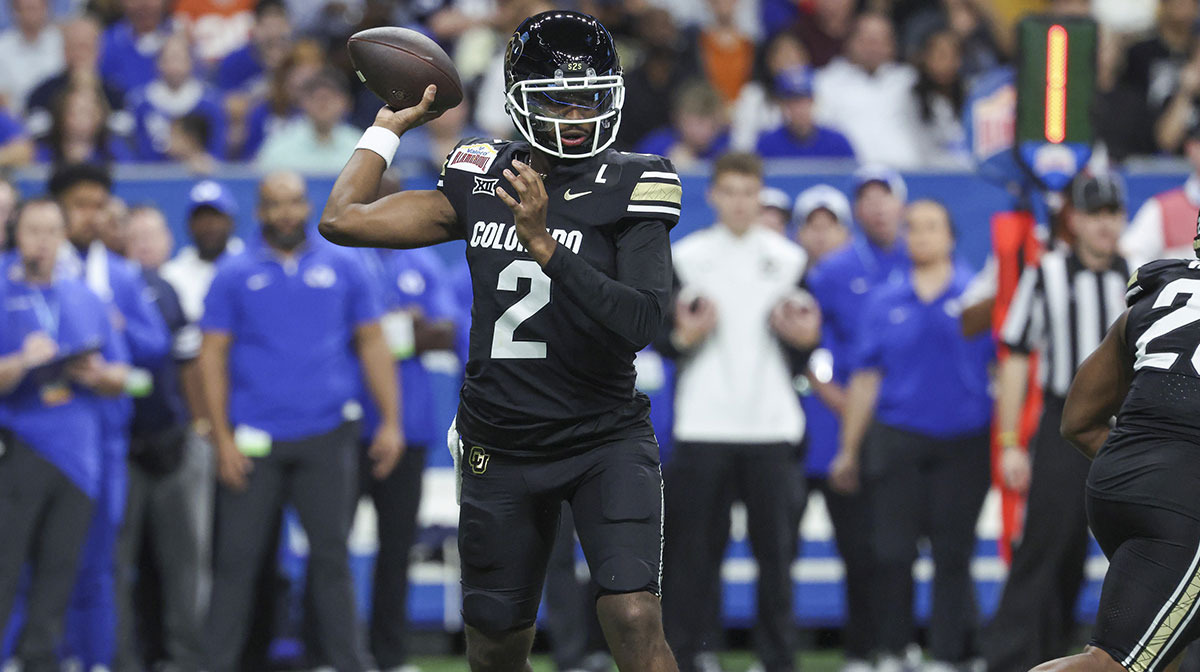 Colorado Buffaloes quarterback Shedeur Sanders (2) attempts a pass during the first quarter against the Brigham Young Cougars at Alamodome.