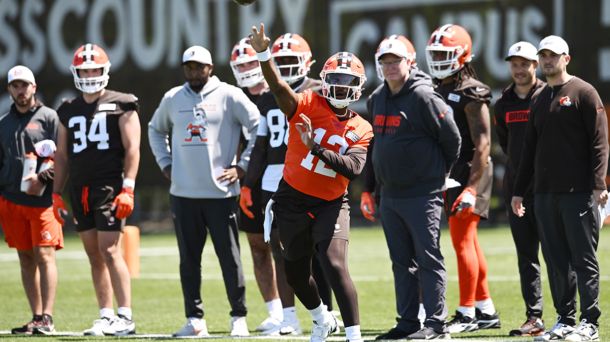 Cleveland Browns quarterback Shedeur Sanders (12) throws a pass during rookie minicamp at CrossCountry Mortgage Campus.