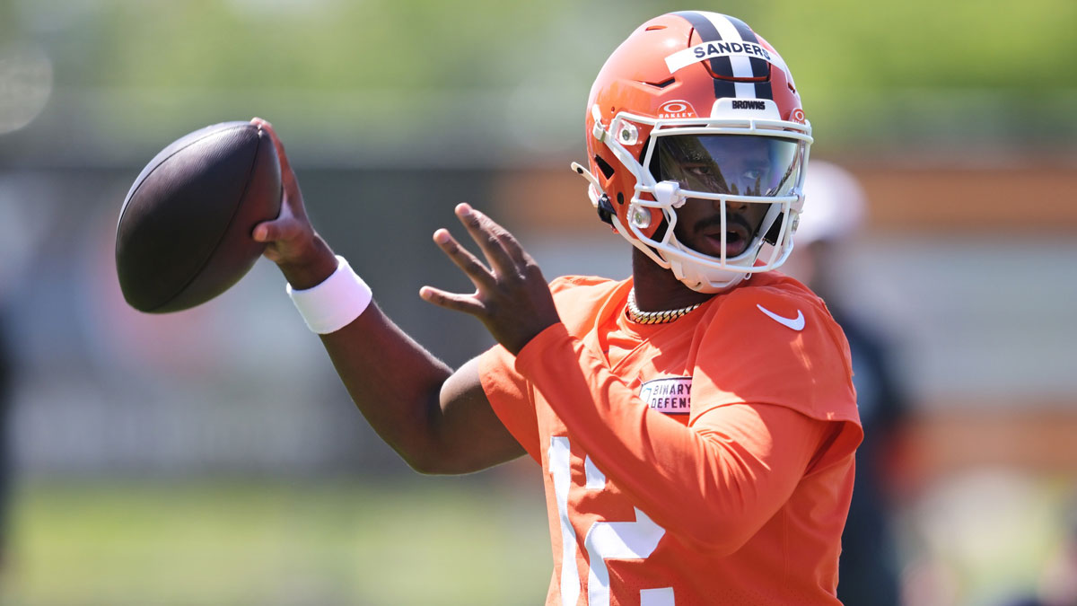 Cleveland Browns quarterback Shedeur Sanders (12) throws a pass during rookie minicamp at CrossCountry Mortgage Campus.