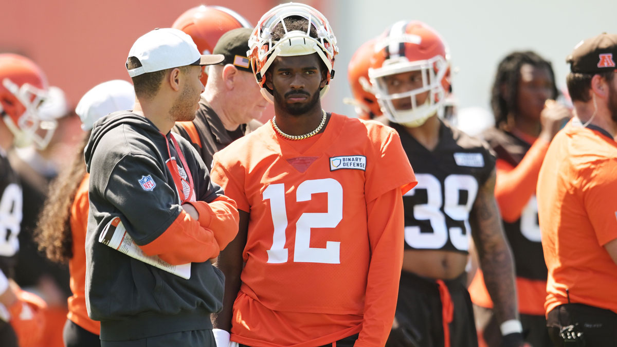 Cleveland Browns quarterback Shedeur Sanders (12) waits his turn for a drill during rookie minicamp at CrossCountry Mortgage Campus.