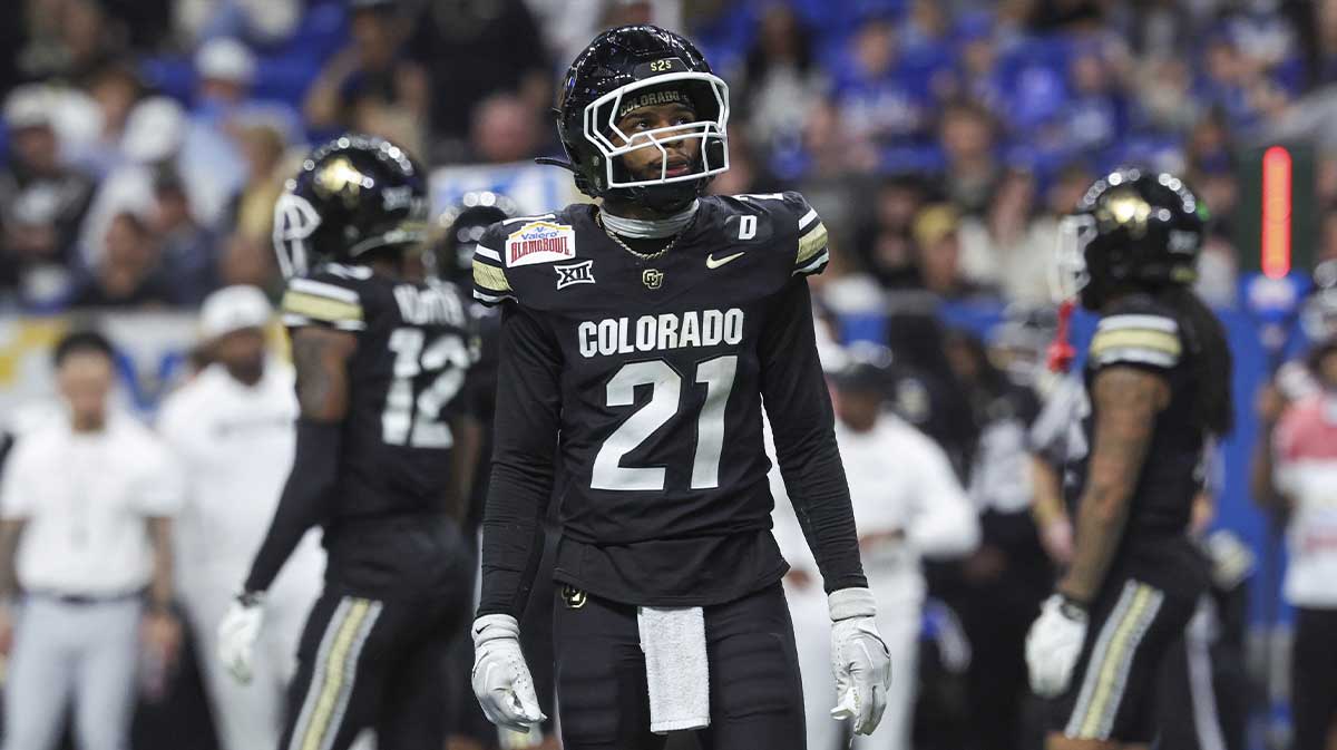 Colorado Buffaloes safety Shilo Sanders (21) looks up during the fourth quarter against the Brigham Young Cougars at Alamodome.