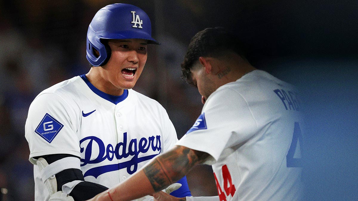 Los Angeles Dodgers designated hitter Shohei Ohtani (17) celebrates with outfielder Andy Pages (44) after hitting a home run during the sixth inning.