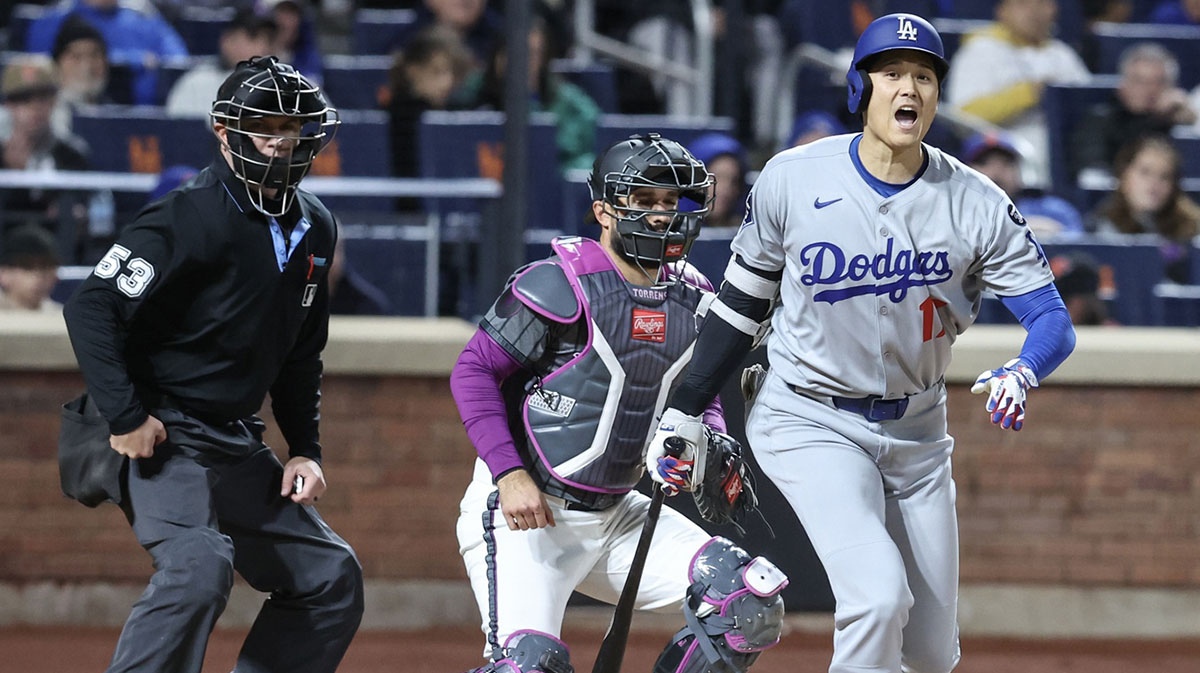 Los Angeles Dodgers designated hitter Shohei Ohtani (17) reacts during an at bat in the eighth inning against the New York Mets at Citi Field.