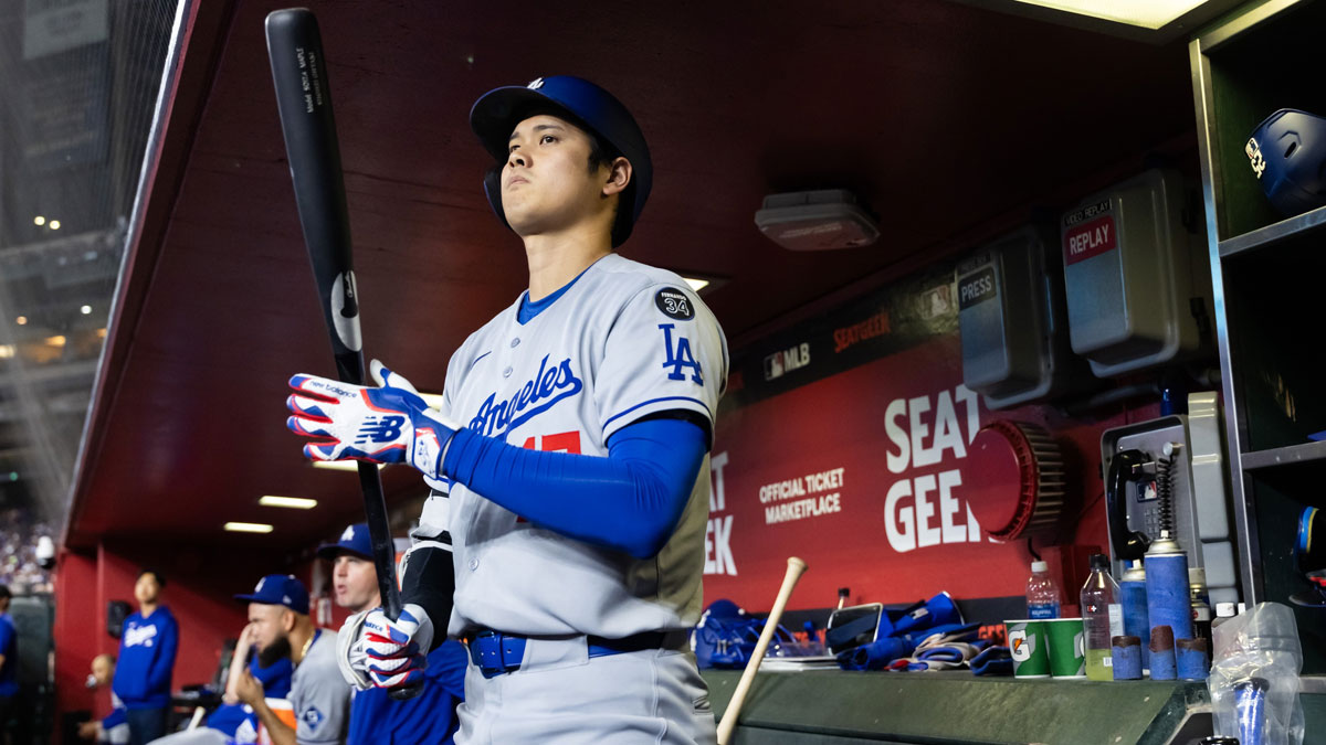 Los Angeles Dodgers designated hitter Shohei Ohtani in the dugout in the seventh inning against the Arizona Diamondbacks.