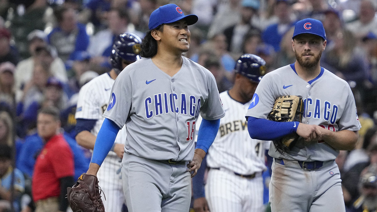 Chicago Cubs pitcher Shota Imanaga (18) walks toward the mound to be checked out by a trainer after being injured against the Milwaukee Brewers in the sixth inning at American Family Field.