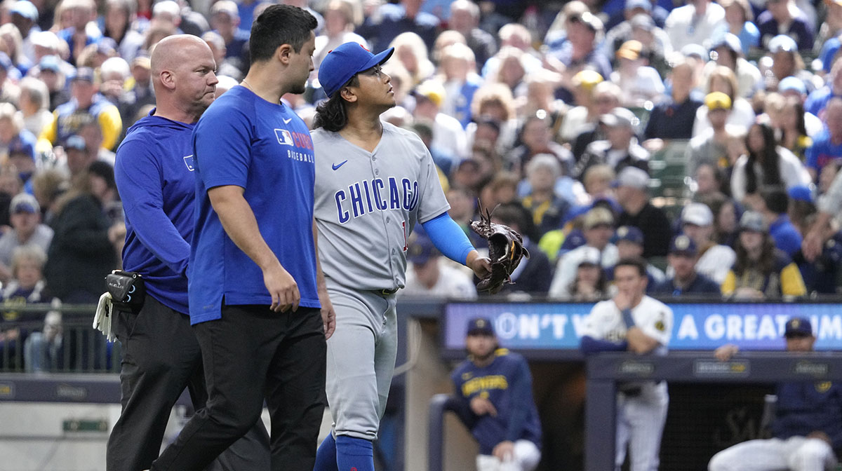 Chicago Cubs pitcher Shota Imanaga (18) walks off the field after being injured against the Milwaukee Brewers in the sixth inning at American Family Field.