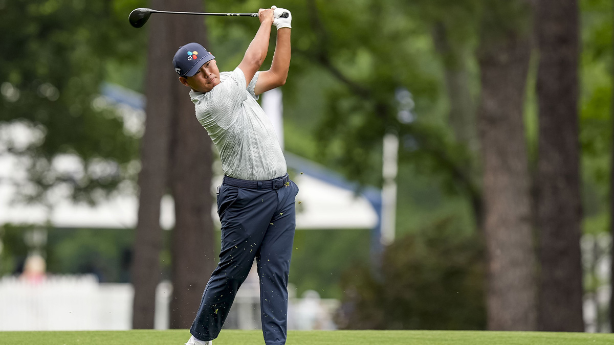 Si Woo Kim hits his second shot on the tenth hole during the second round of the PGA Championship golf tournament at Quail Hollow.