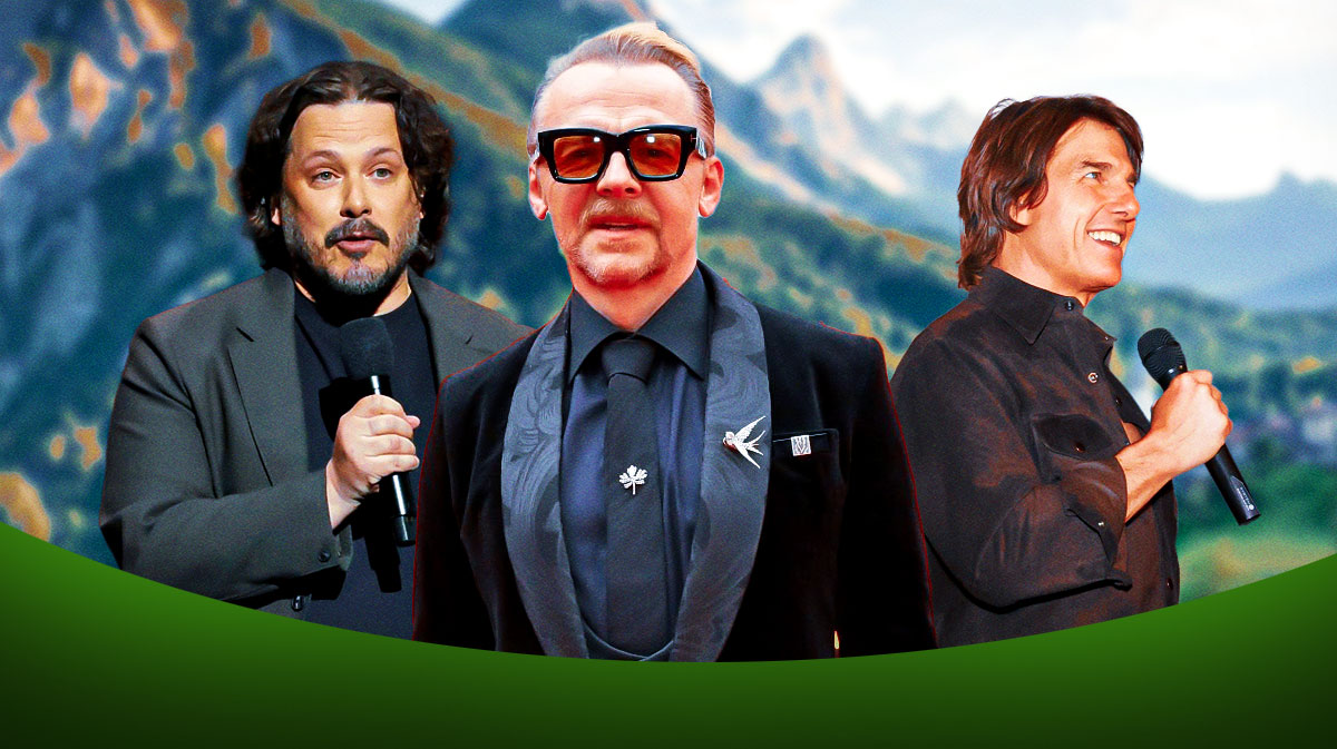 Simon Pegg in between his Mission: Impossible co-star Tom Cruise on the right and director Edgar Wright, who he made several movies with, on his left.
