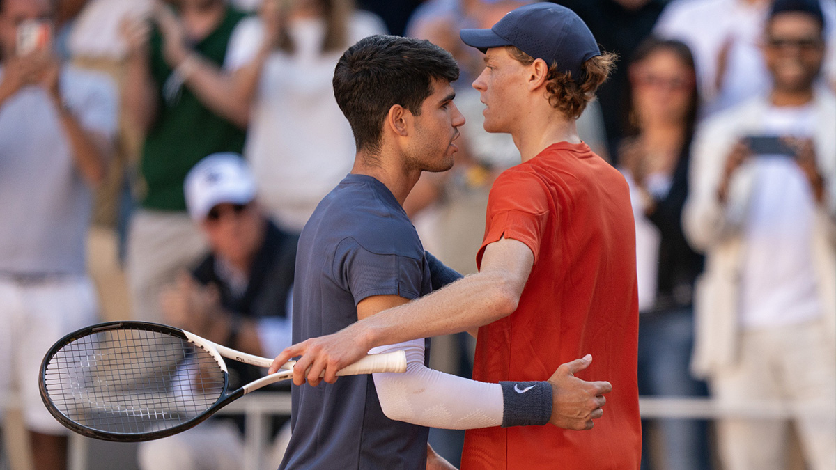 Carlos Alcaraz of Spain and Jannik Sinner of Italy of Italy after their match on day 13 of Roland Garros at Stade Roland Garros.