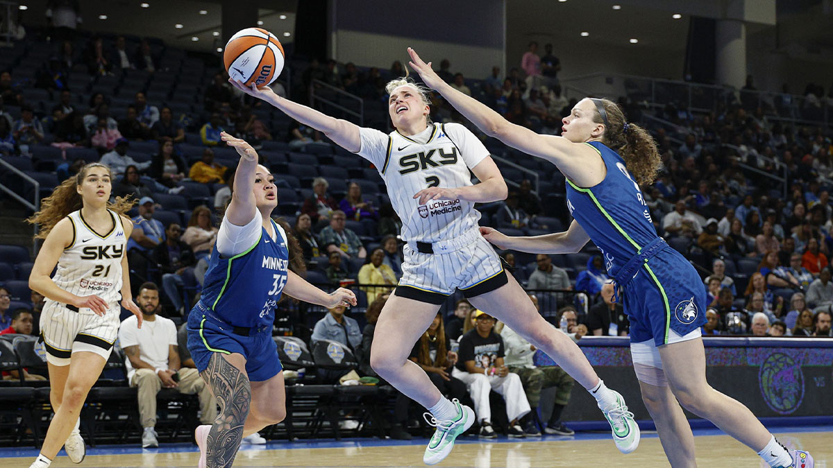 Chicago Sky guard Hailey Van Lith (2) goes to the basket against the Minnesota Lynx during the second half of a WNBA pre-season game at Wintrust Arena.