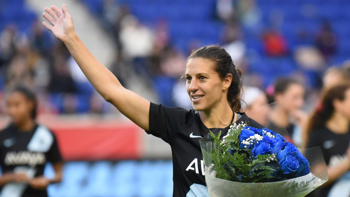 Carli Lloyd of NJ/NY Gotham FC, waves to the crowd at the end of her final game, following a draw game 1 to 1 against Racing Louisville FC at the Red Bull Arena in Harrison on 10/31/21.