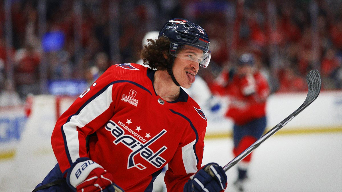 Washington Capitals left wing Sonny Milano (15) celebrates after scoring a goal against the Tampa Bay Lightning in the first period at Capital One Arena.