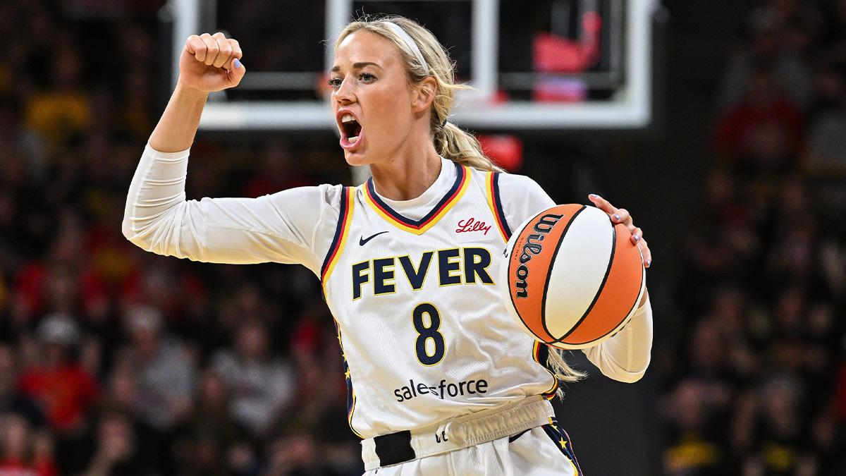 Indiana Fever guard Sophie Cunningham (8) reacts during the third quarter against the Brazil National Team at Carver-Haweye Arena.