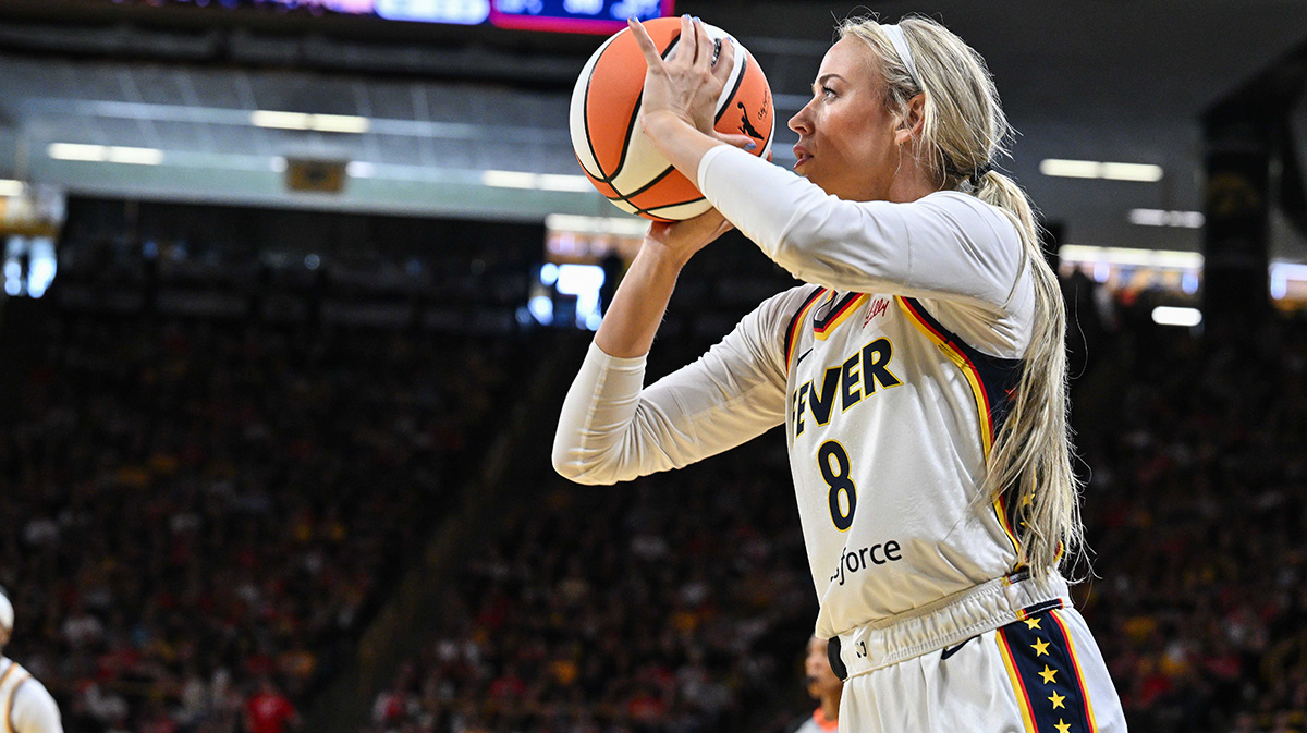 Indiana Fever guard Sophie Cunningham (8) in action during the game against Brazil National Team at Carver-Haweye Arena.