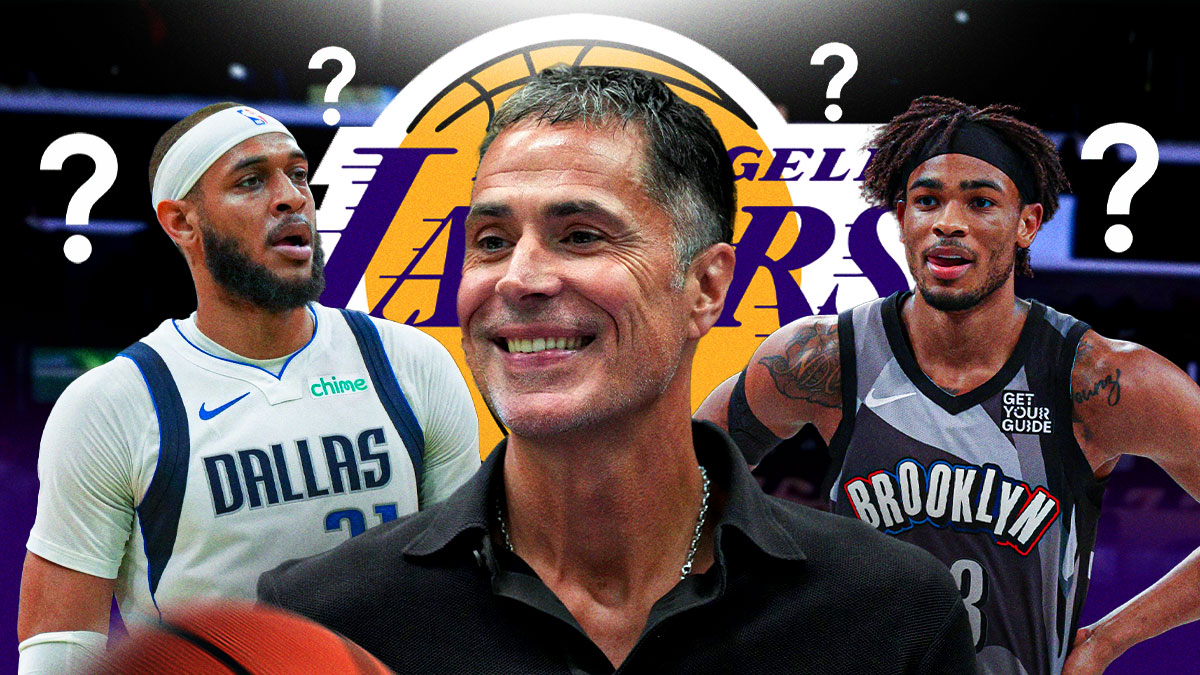 Lakers' Rob Pelinka with a Lakers logo in the middle Mavs Center Daniel Gafford on one side, Nets center Nic Claxton on the other. Question marks around them.