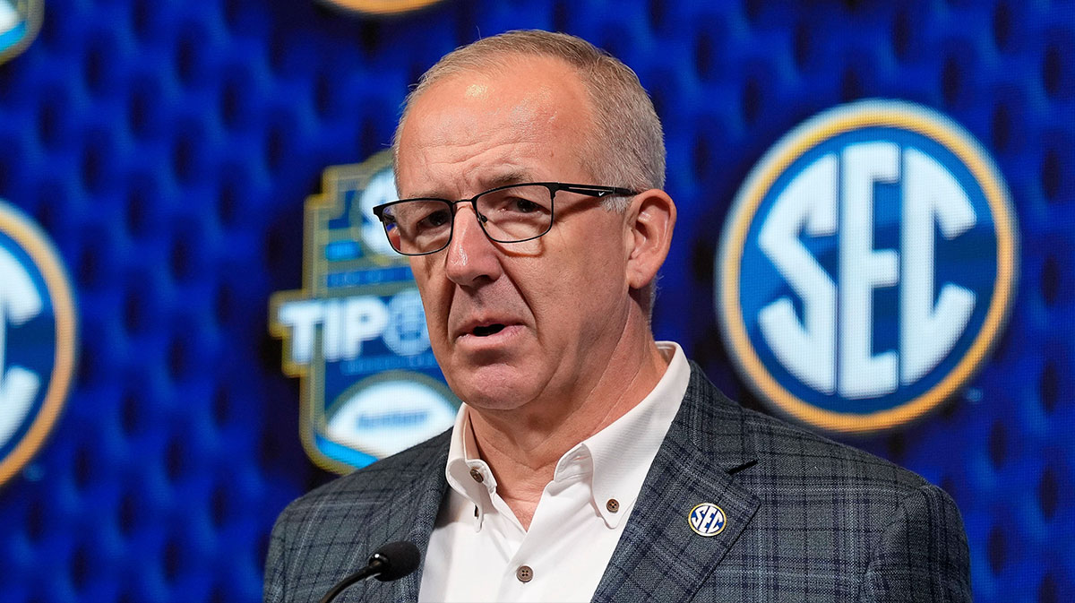 Southeastern Conference commissioner Greg Sankey speaks during SEC Media Day at the Grand Bohemian Hotel in Mountain Brook Tuesday, Oct. 16, 2024. Mandatory Credit: © Gary Cosby Jr.-Tuscaloosa News / USA TODAY NETWORK via Imagn Images