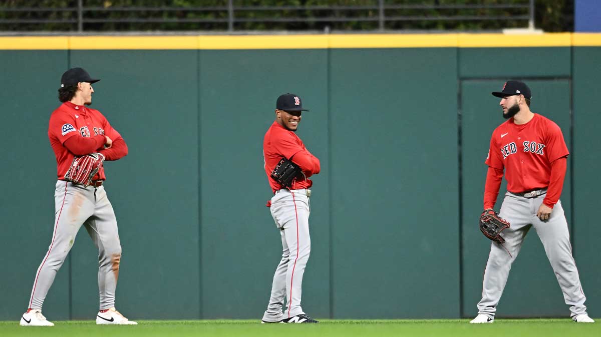 Apr 26, 2025; Cleveland, OH, USA; Boston Red Sox left fielder Jarren Duran (16) and center fielder Ceddanne Rafaela (3) and right fielder Wilyer Abreu (52) celebrate after the Red Sox beat the Cleveland Guardians at Progressive Field.