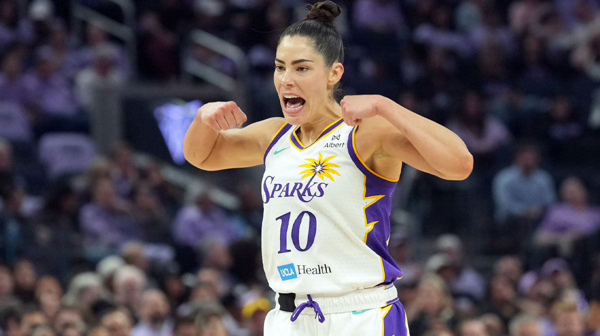 Los Angeles Sparks guard Kelsey Plum gestures after a basket by forward Rickea Jackson (not shown) during the second quarter against the Golden State Valkyries at Chase Center.