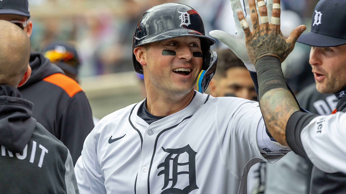 Detroit Tigers first base Spencer Torkelson (20) celebrates with teammates in the dugout after hitting a solo home run against Baltimore Orioles pitcher Matt Bowman (51) in the seventh inning during game one of a double header at Comerica Park.