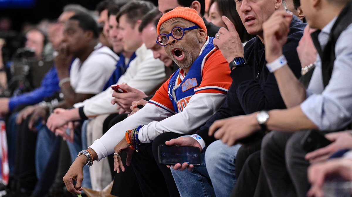 Spike Lee, who missed Game 1 in favor of the Met Gala, at Knicks-Celtics game on April 8, 2025.