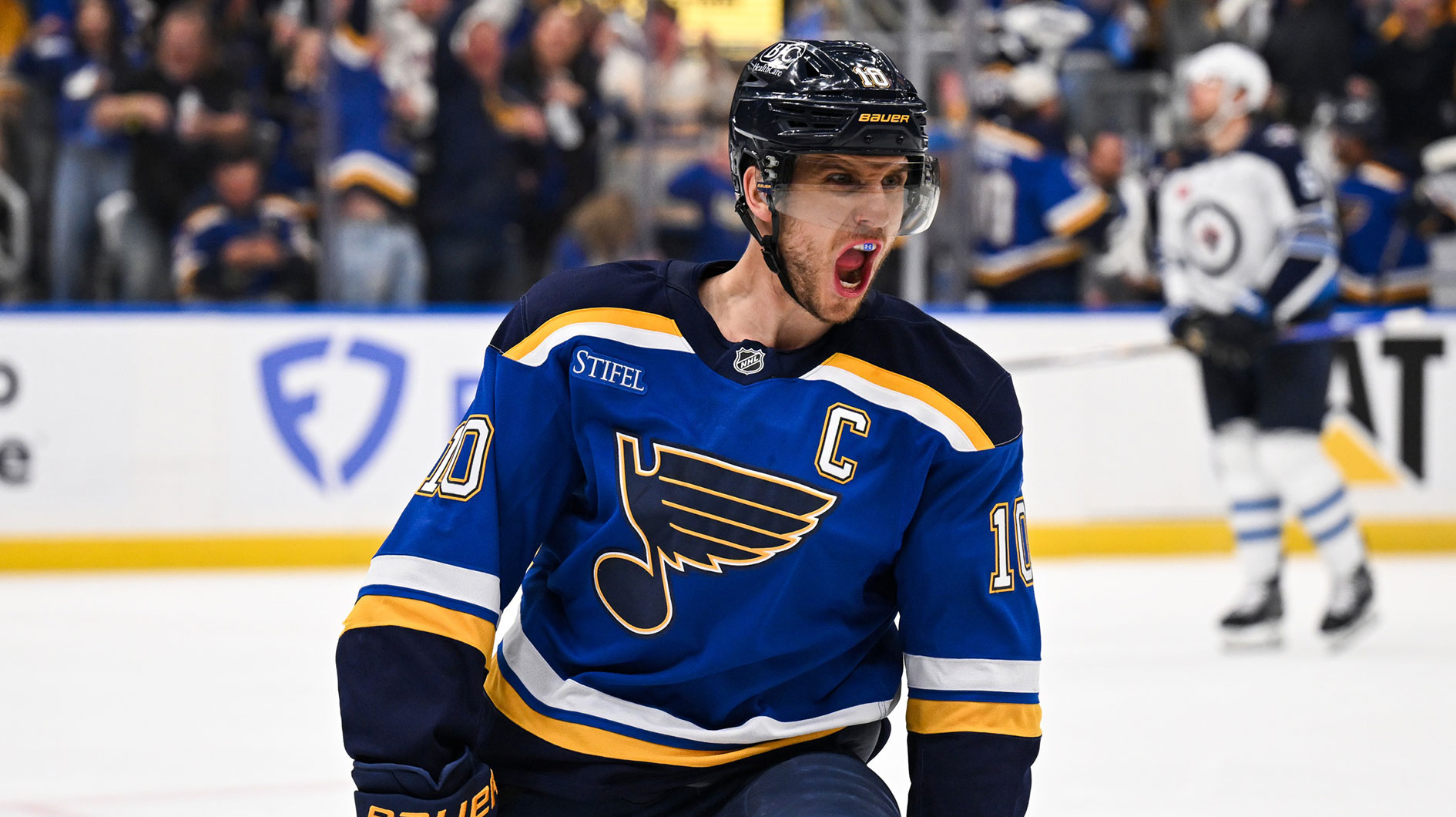 St. Louis Blues center Brayden Schenn (10) reacts to scoring a goal against the Winnipeg Jets during the second period in game six of the first round of the 2025 Stanley Cup Playoffs at Enterprise Center.