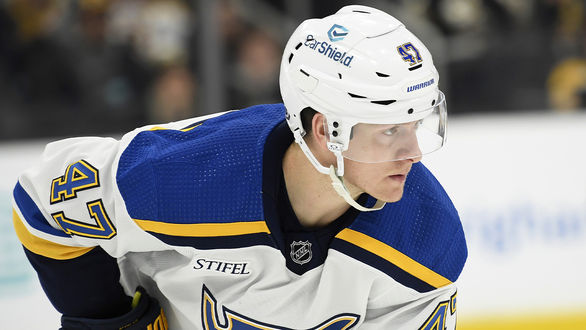 St. Louis Blues defenseman Torey Krug (47) gets set for a face-off during the third period against the Boston Bruins at TD Garden.