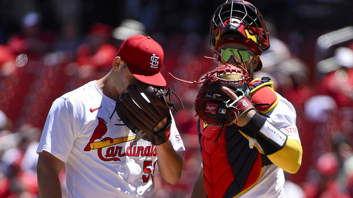 St. Louis Cardinals starting pitcher Andre Pallante (53) talks with catcher Ivan Herrera (48) during the sixth inning against the Detroit Tigers at Busch Stadium.