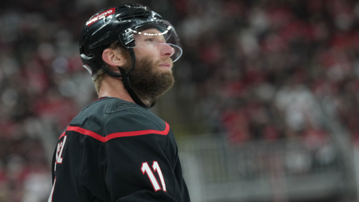 Carolina Hurricanes forward Jordan Staal (11) looks on during the first period against the Florida Panthers in game two of the Eastern Conference Final of the 2025 Stanley Cup Playoffs at Lenovo Center.