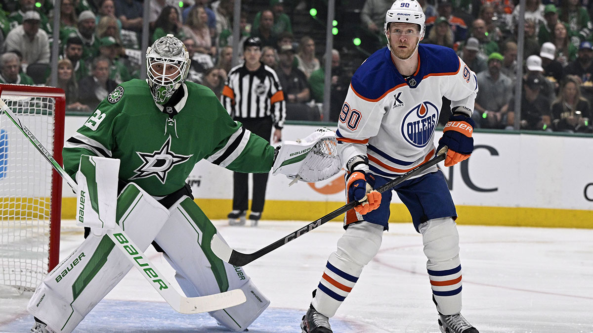 Edmonton Oilers right wing Corey Perry (90) waits in front of Dallas Stars goaltender Jake Oettinger (29) in game five of the Western Conference Final of the 2025 Stanley Cup Playoffs at American Airlines Center.