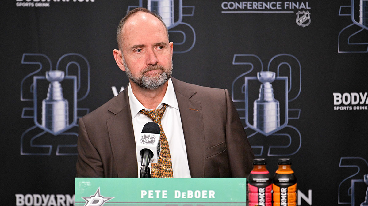 Dallas Stars head coach Pete DeBoer speaks to the media after the game against the Edmonton Oilers in game five of the Western Conference Final of the 2025 Stanley Cup Playoffs at American Airlines Center.