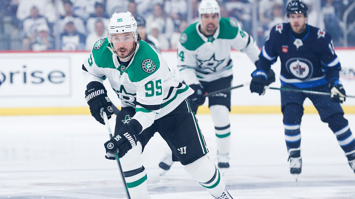 Dallas Stars forward Matt Duchene (95) skates into the Winnipeg Jets during the first period in game one of the second round of the 2025 Stanley Cup Playoffs at Canada Life Centre.