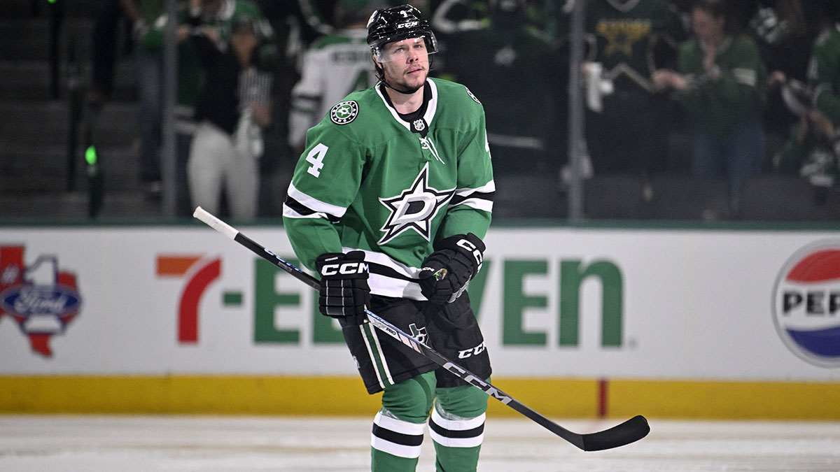 Dallas Stars defenseman Miro Heiskanen (4) reactsaftyer scoring a goal against the Edmonton Oilers in the third period during game one of the Western Conference Final of the 2025 Stanley Cup Playoffs at American Airlines Center.