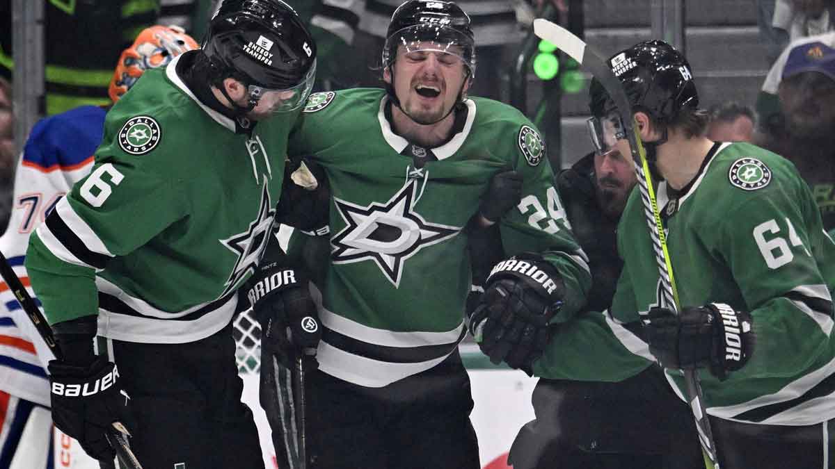 Dallas Stars center Roope Hintz (24) reacts after being injured against the Edmonton Oilers in the third period for game two of the Western Conference Final of the 2025 Stanley Cup Playoffs at American Airlines Center.