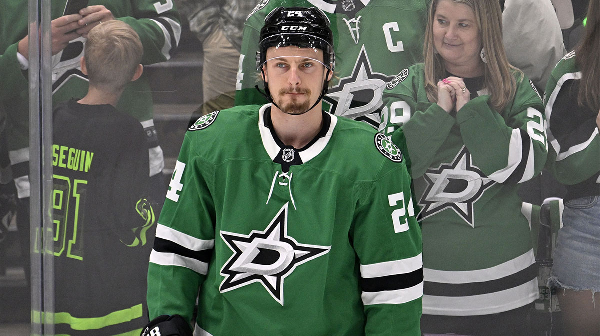 Dallas Stars center Roope Hintz (24) practices before game two of the Western Conference Final of the 2025 Stanley Cup Playoffs at American Airlines Center.
