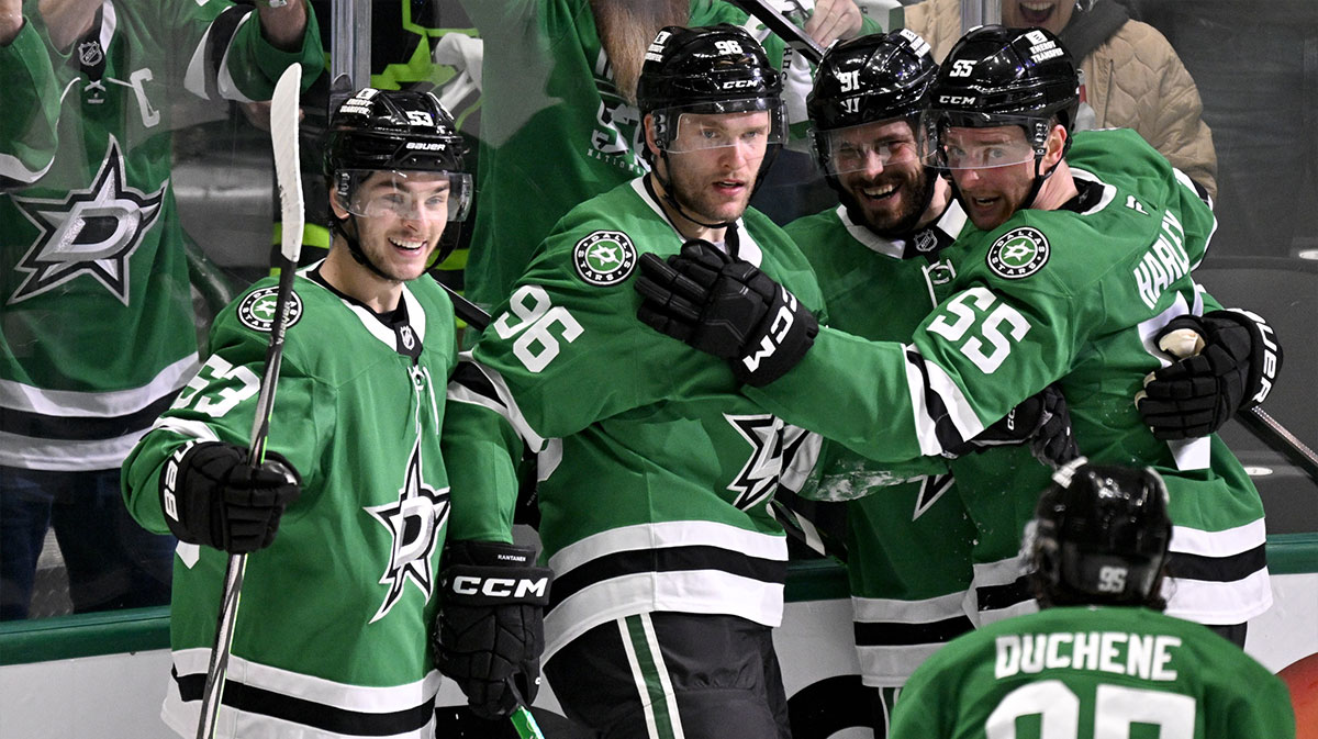 Dallas Stars right wing Mikko Rantanen (96) and center Tyler Seguin (91) and center Wyatt Johnston (53) and center Matt Duchene (95) celebrates the game tying goal goal scored by Rantanen against the Colorado Avalanche during the third period in game seven of the first round of the 2025 Stanley Cup Playoffs at American Airlines Center.