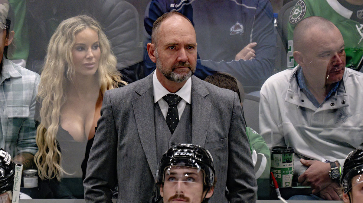 Dallas Stars head coach Pete DeBoers and Stars superfan Natalie Gauvreau look on during the game between the Stars and the Colorado Avalanche in game seven of the first round of the 2025 Stanley Cup Playoffs at American Airlines Center.