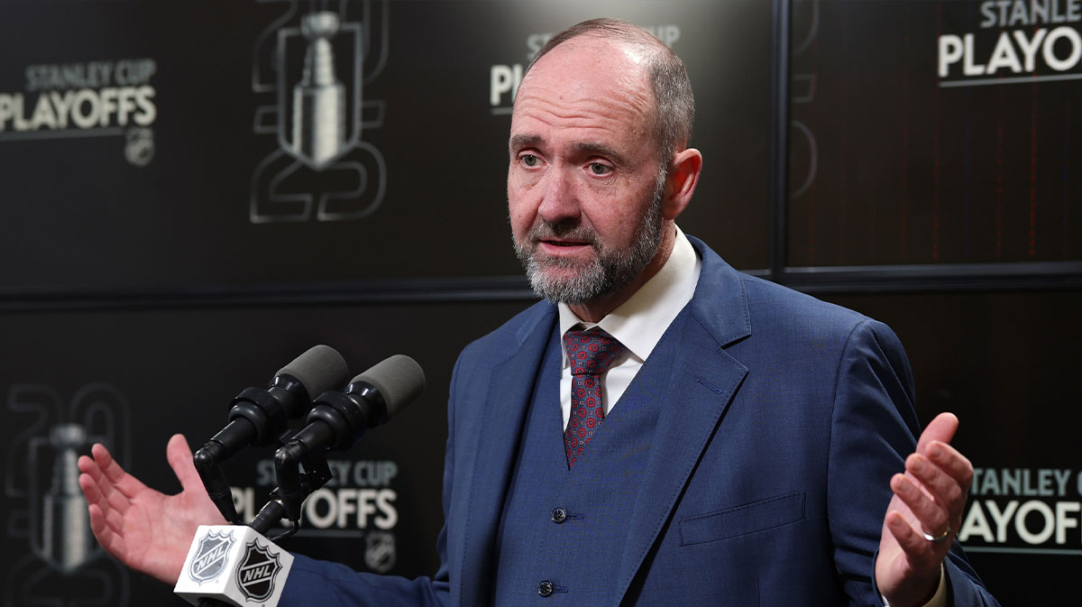 Dallas Stars head coach Pete DeBoer talks to media after their loss to the Winnipeg Jets in game two of the second round of the 2025 Stanley Cup Playoffs at Canada Life Centre