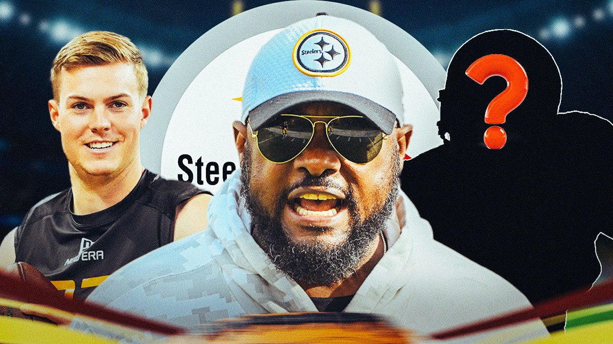 Pittsburgh Steelers head coach Mike Tomlin with QB Will Howard and a silhouette of an American football player with a big question mark emoji inside. There is also a logo for the Pittsburgh Steelers.