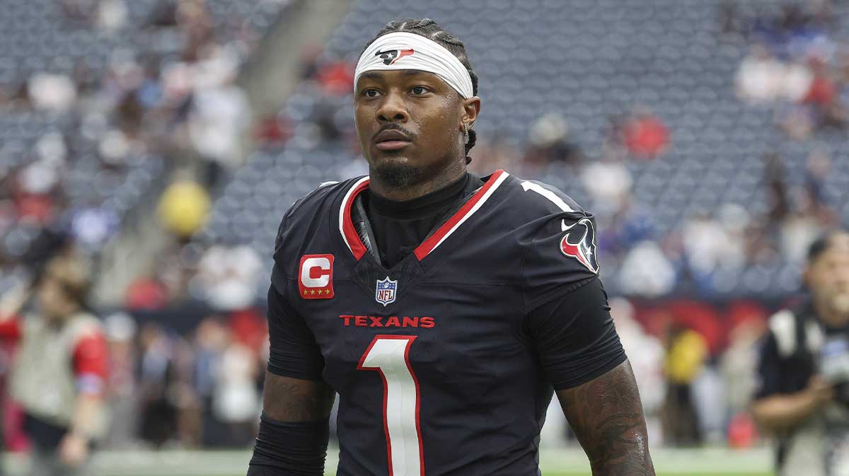 Oct 27, 2024; Houston, Texas, USA; Houston Texans wide receiver Stefon Diggs (1) walks towards the sideline before the game against the Indianapolis Colts at NRG Stadium. Mandatory Credit: Troy Taormina-Imagn Images