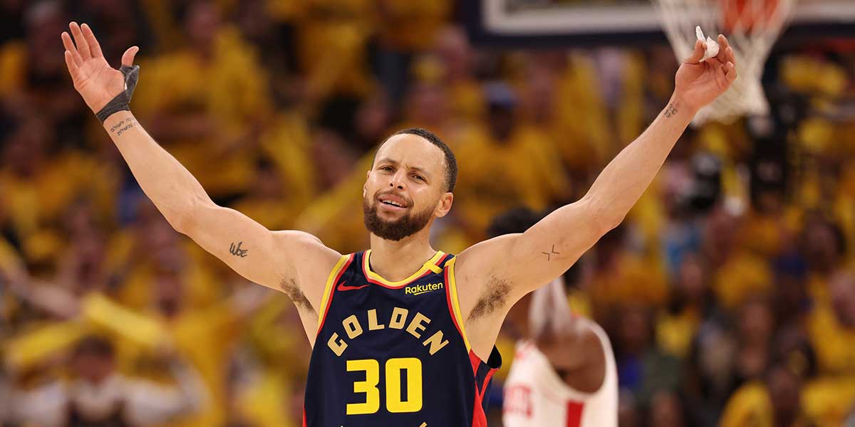 Golden State Warriors guard Stephen Curry (30) reacts after a play against the Houston Rockets during the third quarter of game four of the 2025 NBA Playoffs first round at Chase Center.