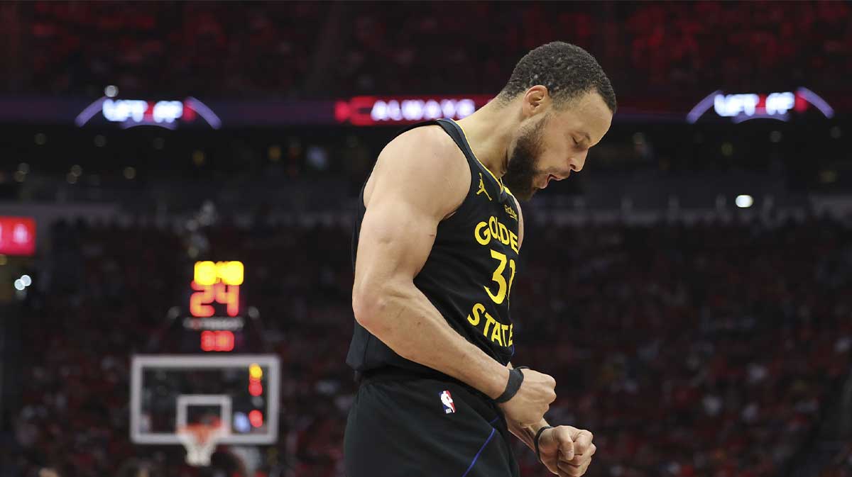 Golden State Warriors guard Stephen Curry (30) reacts after a play during game seven of the first round for the 2025 NBA Playoffs against the Houston Rockets at Toyota Center.