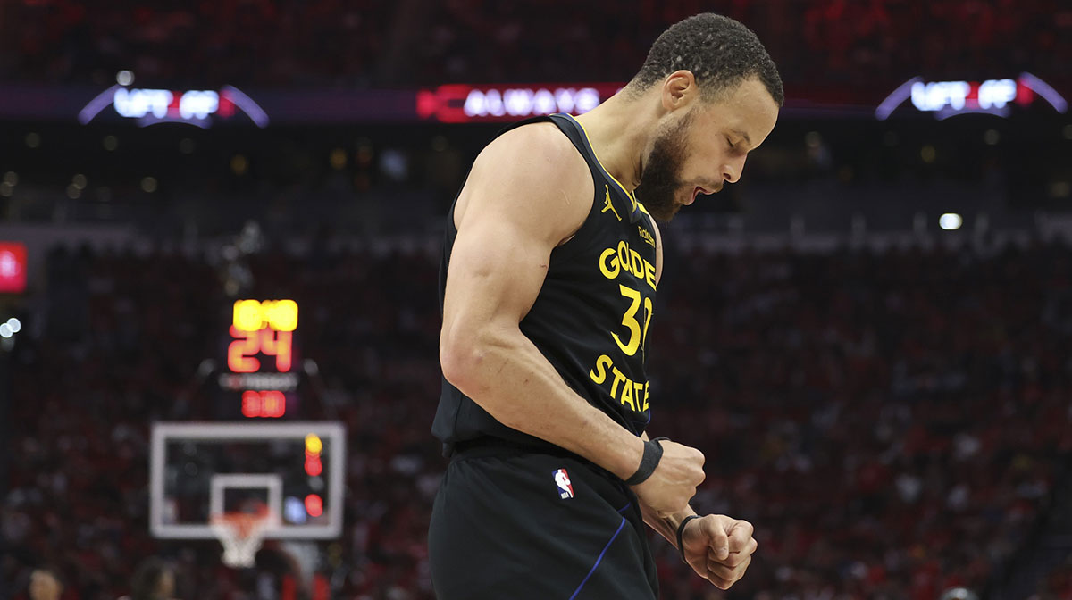 Golden State Warriors guard Stephen Curry (30) reacts after a play during game seven of the first round for the 2025 NBA Playoffs against the Houston Rockets at Toyota Center.