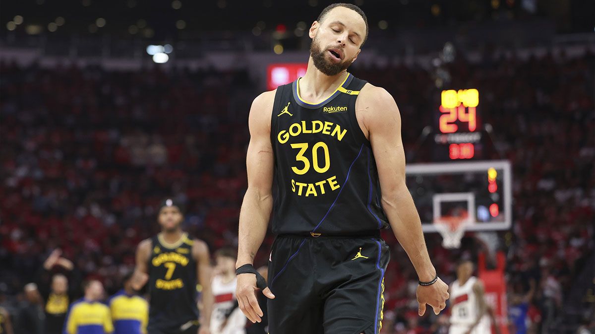 Golden State Warriors guard Stephen Curry (30) reacts during game seven of the first round for the 2025 NBA Playoffs against the Houston Rockets at Toyota Center