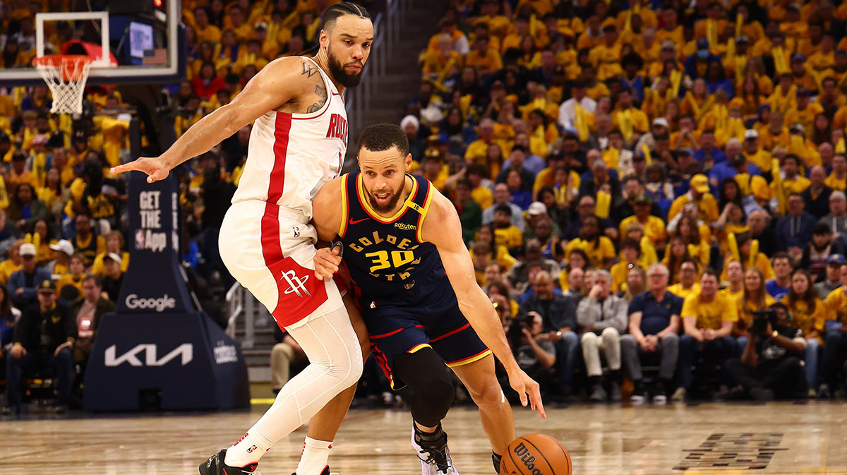 Golden State Warriors guard Stephen Curry (30) drives in against Houston Rockets forward/guard Dillon Brooks (9) during the third quarter of game four of the 2025 NBA Playoffs first round at Chase Center.