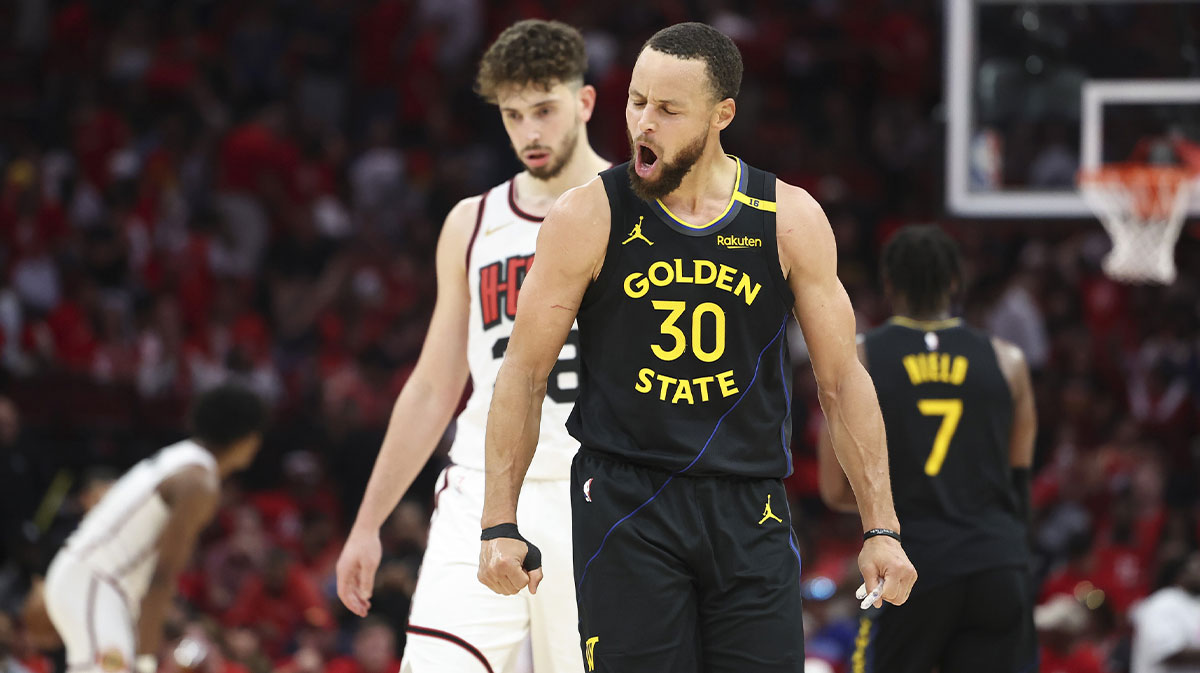 Golden State Warriors guard Stephen Curry (30) reacts after a play during game seven of the first round for the 2025 NBA Playoffs against the Houston Rockets at Toyota Center.
