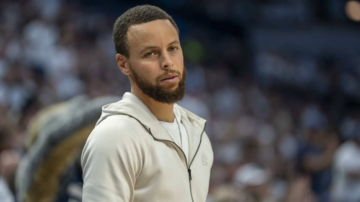 Golden State Warriors guard Stephen Curry (30) looks on against the Minnesota Timberwolves in the second half during game five of the second round for the 2025 NBA Playoffs at Target Center.