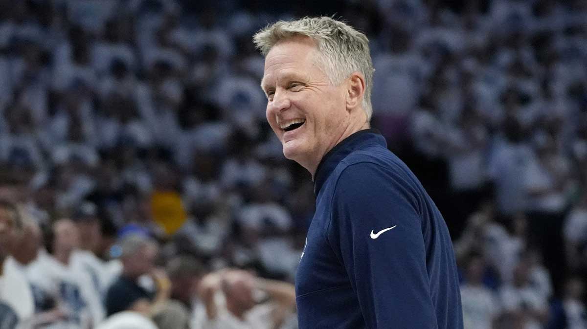 Golden State Warriors head coach Steve Kerr laughs as a player comes out of the game against the Minnesota Timberwolves in the first quarter during game one of the second round for the 2025 NBA Playoffs at Target Center.