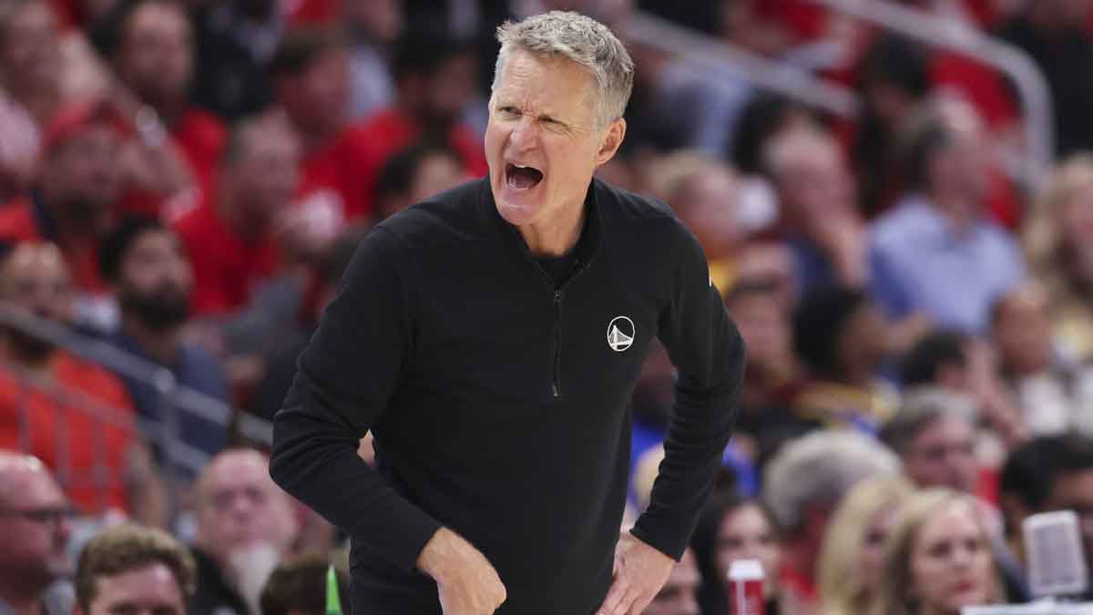 The Golden State Warriors head coach Steve Kerr reacts in the first round seventh game for the NBA 2025 qualifiers against the Houston Rockets at the Toyota Center.