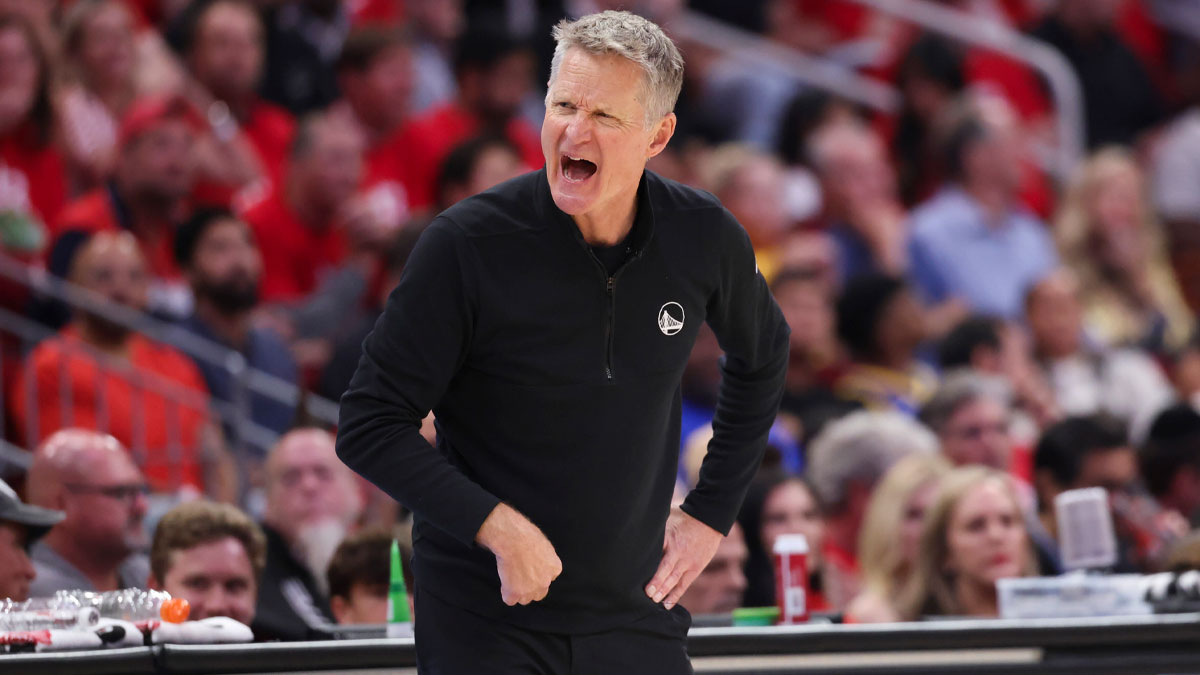 Golden State Warriors head coach Steve Kerr reacts during game seven of the first round for the 2025 NBA Playoffs against the Houston Rockets at Toyota Center.