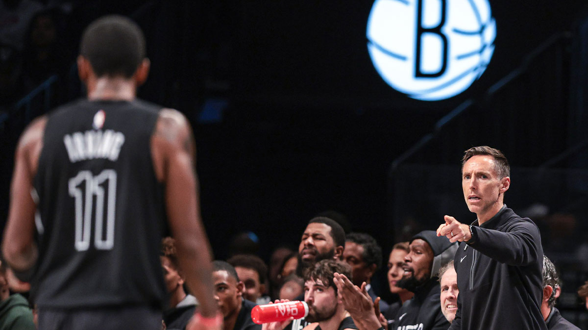 Brooklyn Nets head coach Steve Nash (right) points towards guard Kyrie Irving (11) during the first half against the Indiana Pacers at Barclays Center.